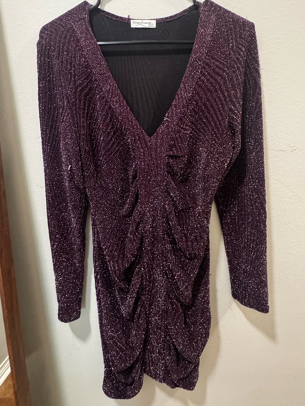 Dillard- Metallic Plum Ruched V-Neck Long Sleeve Dress